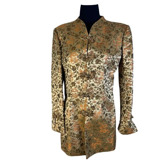 Vintage Gold Dragon Brocade Mandarin Jacket XS Longline Asian Inspired Blazer - Picture 2 of 16